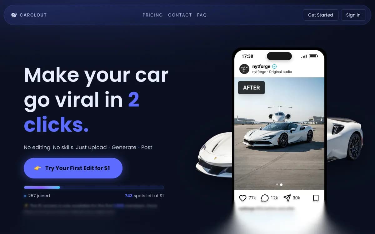 The CarClout page as it is published