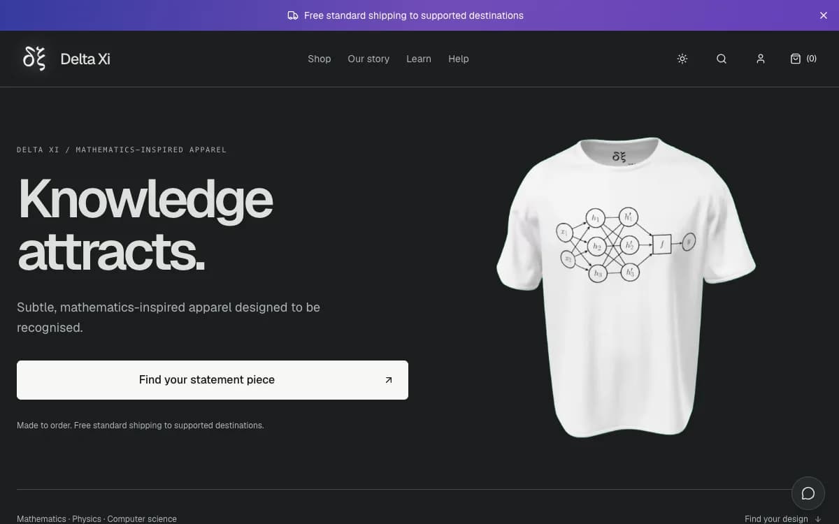 Delta Xi's website hero, showing the front of a white T-shirt with a neural network diagram.
