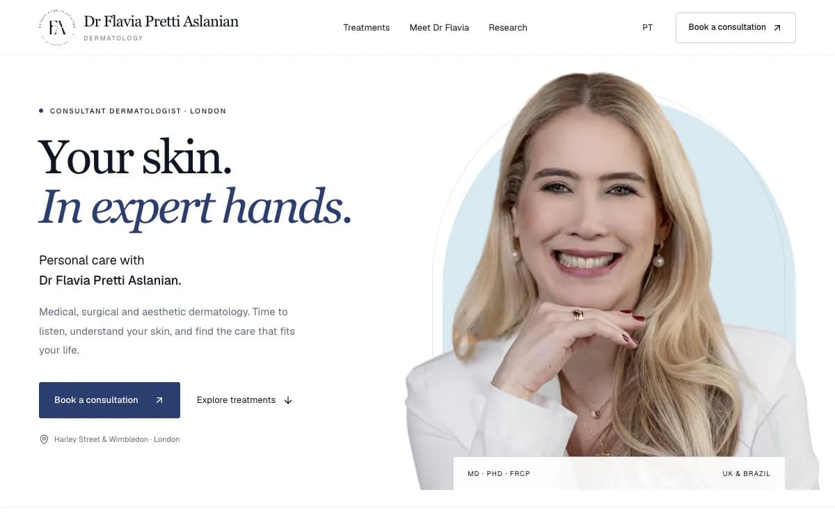 Dr Flavia's new dermatology landing page, with consultation booking and treatment navigation